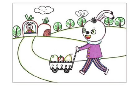 小兔子回家兒童畫線描繪畫步驟05