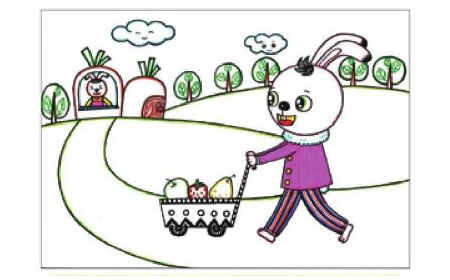小兔子回家兒童畫線描繪畫步驟06