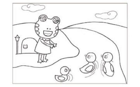 冬眠醒來的小青蛙兒童畫線描繪畫步驟02