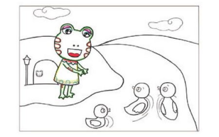 冬眠醒來的小青蛙兒童畫線描繪畫步驟03