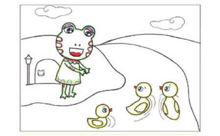 冬眠醒來的小青蛙兒童畫線描繪畫步驟04