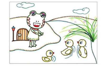 冬眠醒來的小青蛙兒童畫線描繪畫步驟06