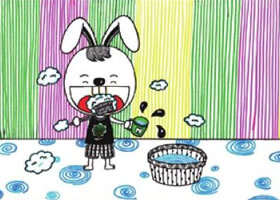小兔子刷牙兒童畫線描