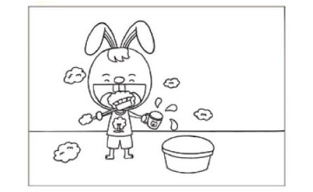 小兔子刷牙兒童畫線描繪畫步驟01