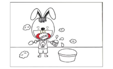 小兔子刷牙兒童畫線描繪畫步驟02