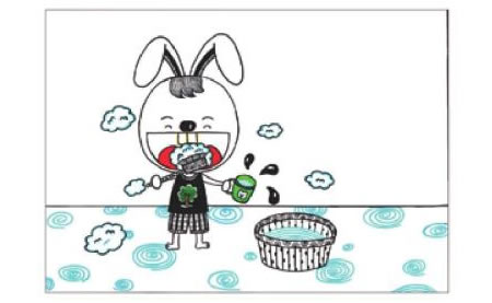 小兔子刷牙兒童畫線描繪畫步驟05