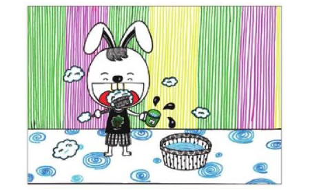 小兔子刷牙兒童畫線描繪畫步驟06