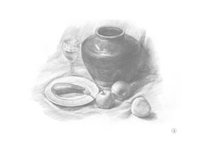 罐子、高腳杯、盤(pán)子和蘋(píng)果組合素描畫(huà)法