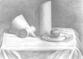 蘋(píng)果、盤(pán)子和幾何體組合素描畫(huà)法
