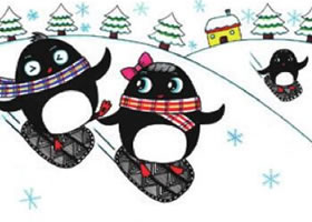 滑雪兒童畫線描（企鵝線描）