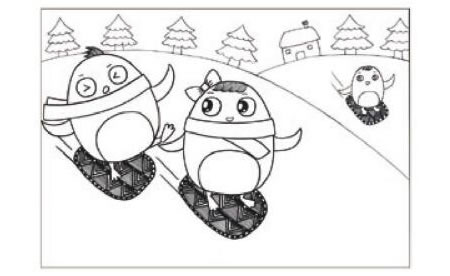 滑雪兒童畫線描繪畫步驟02