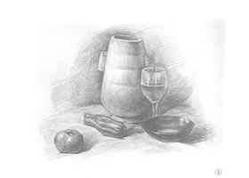 碗、高腳杯、西紅柿和罐子組合素描畫(huà)法