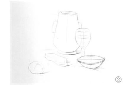 碗、高腳杯、西紅柿和罐子組合素描畫(huà)法步驟02