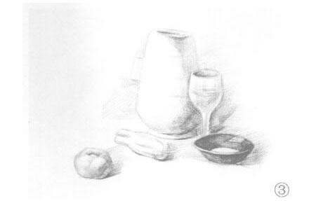 碗、高腳杯、西紅柿和罐子組合素描畫(huà)法步驟03