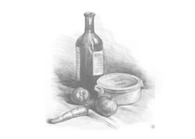 胡蘿卜、洋蔥和酒瓶組合素描畫(huà)法