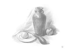 花瓶、盤(pán)子和蘋(píng)果組合素描