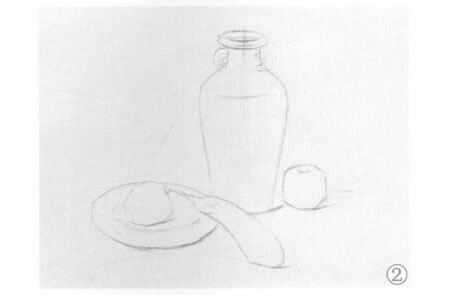 花瓶、盤子和蘋果組合素描畫法步驟02