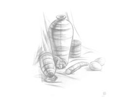 花瓶、雞蛋和蒜組合素描