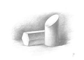六棱柱體與斜切面圓柱體組合素描