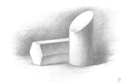 六棱柱體與斜切面圓柱體組合素描畫(huà)法步驟13