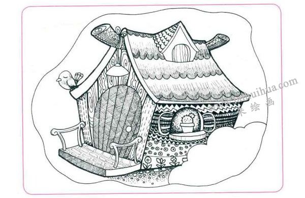 漂亮的小木屋兒童線描畫法步驟03