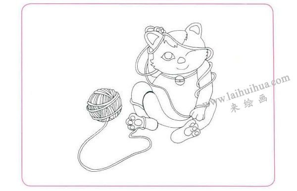 小花貓玩線團兒童線描畫法步驟02