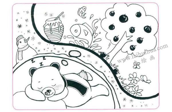 冬眠的大棕熊兒童線描畫法步驟圖示03