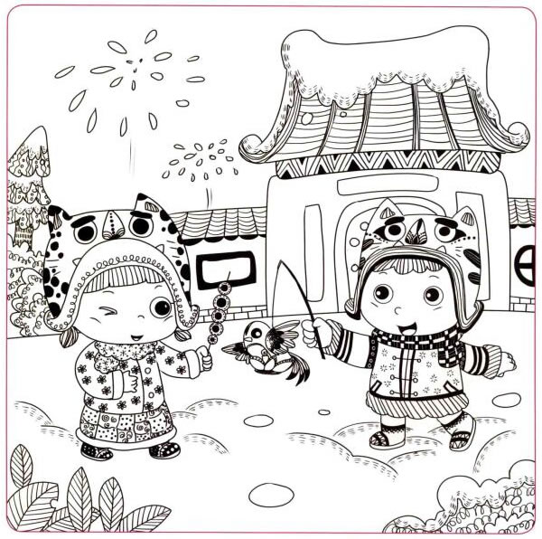 過春節(jié)了兒童線描畫法