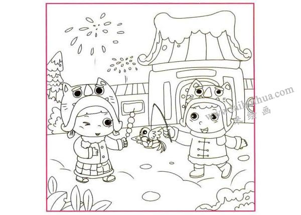 過春節(jié)了兒童線描畫法步驟02