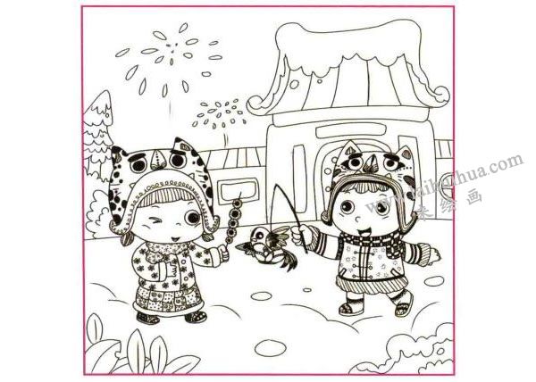 過春節(jié)了兒童線描畫法步驟03