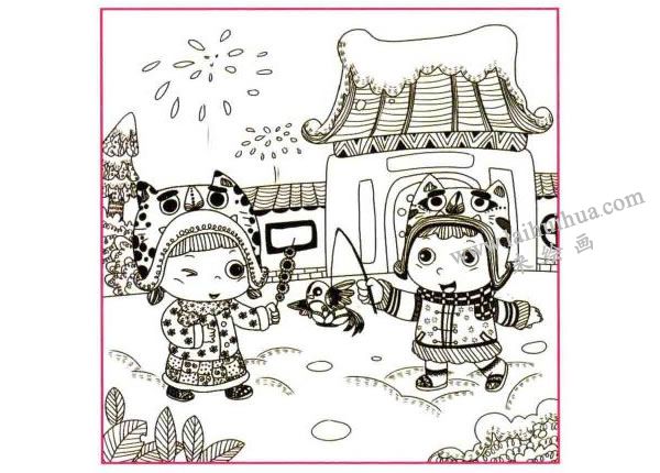 過春節(jié)了兒童線描畫法步驟04
