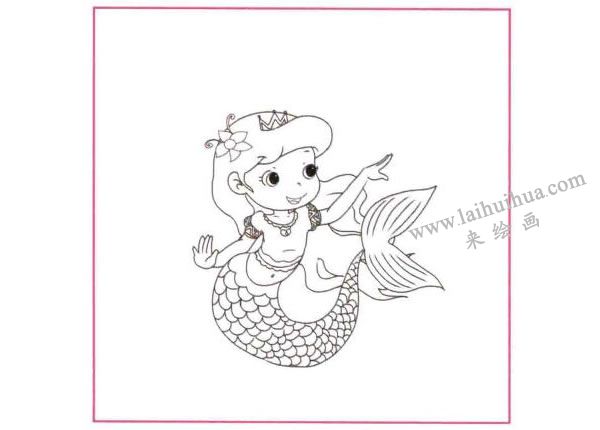 漂亮的美人魚兒童線描畫法步驟圖示01