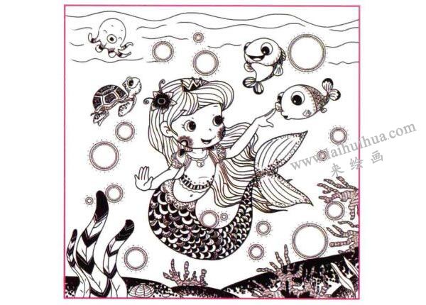 漂亮的美人魚兒童線描畫法步驟圖示04