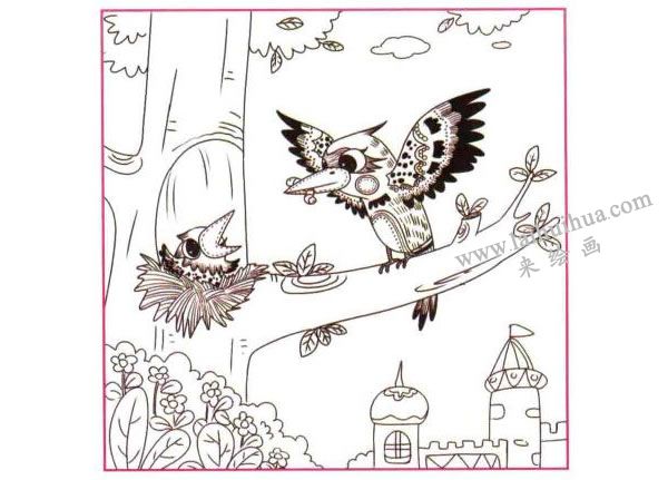 啄木鳥兒童線描畫法步驟03