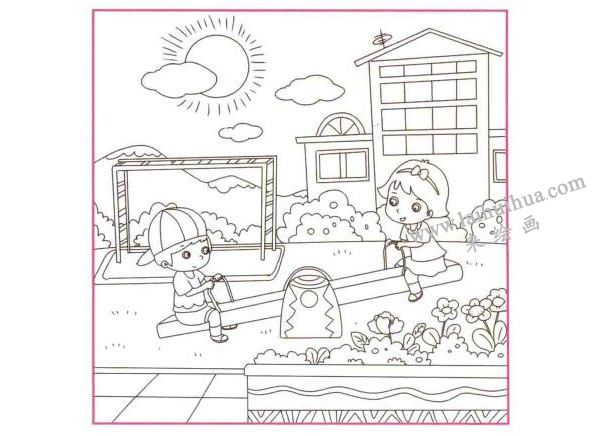 蹺蹺板兒童線描畫(huà)法步驟圖示02