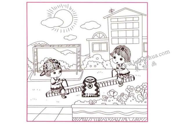 蹺蹺板兒童線描畫(huà)法步驟圖示03
