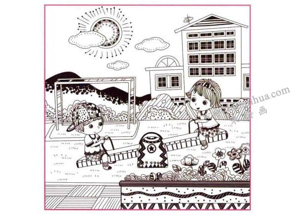 蹺蹺板兒童線描畫(huà)法步驟圖示04