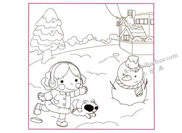 堆雪人兒童線描畫法步驟圖示02