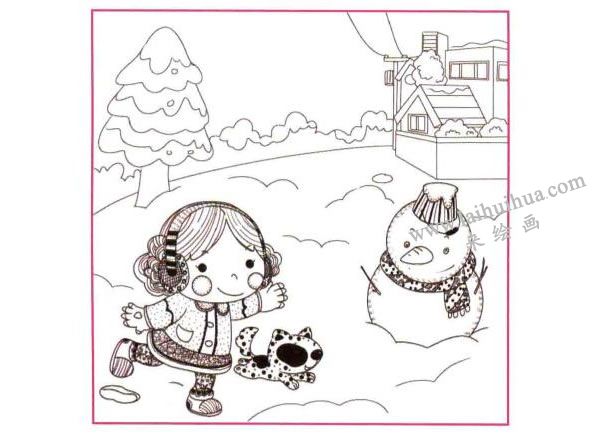 堆雪人兒童線描畫法步驟圖示03