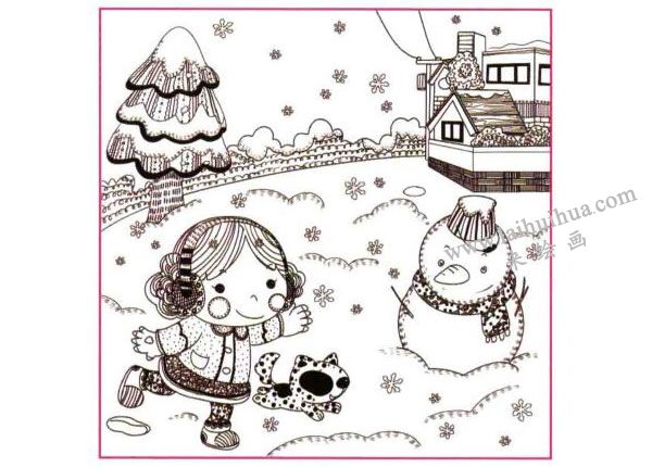 堆雪人兒童線描畫法步驟圖示04