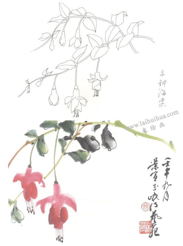 吊鐘海棠寫意畫法