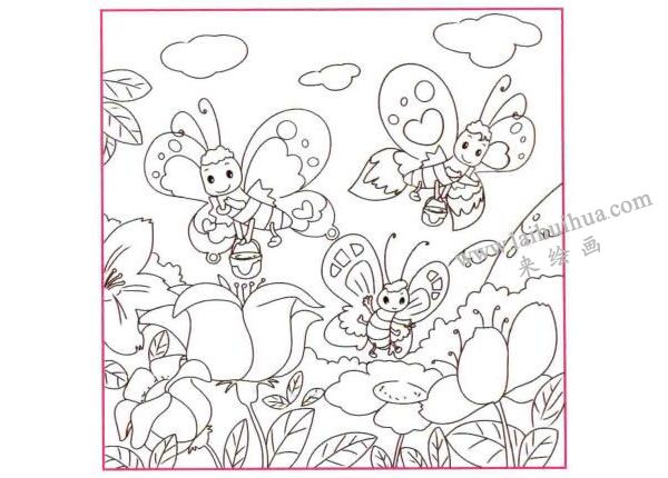 采蜜的花蝴蝶兒童線描畫(huà)法步驟圖示02