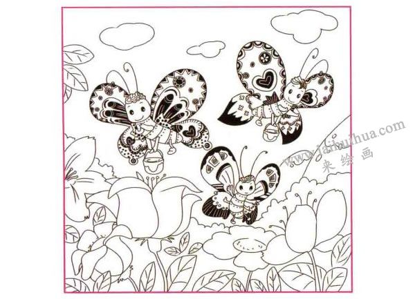 采蜜的花蝴蝶兒童線描畫(huà)法步驟圖示03