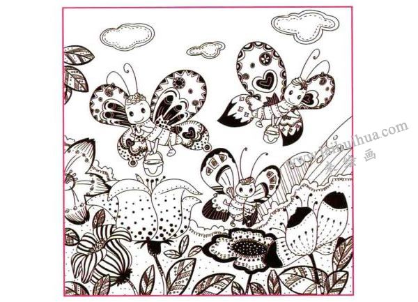 采蜜的花蝴蝶兒童線描畫(huà)法步驟圖示04