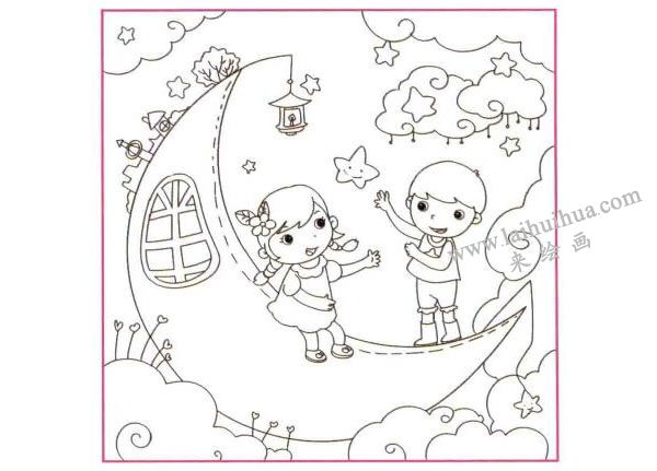 月亮船兒童線描畫法步驟圖示02