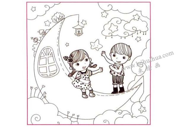 月亮船兒童線描畫法步驟圖示03