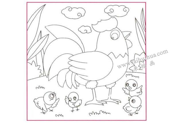 大公雞兒童線描畫法步驟02