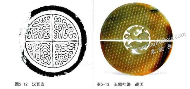 漢瓦當(dāng)（左）、玉佩掛飾（右）