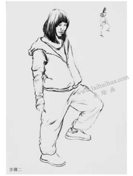 女青年站姿炭筆速寫畫法步驟圖示02