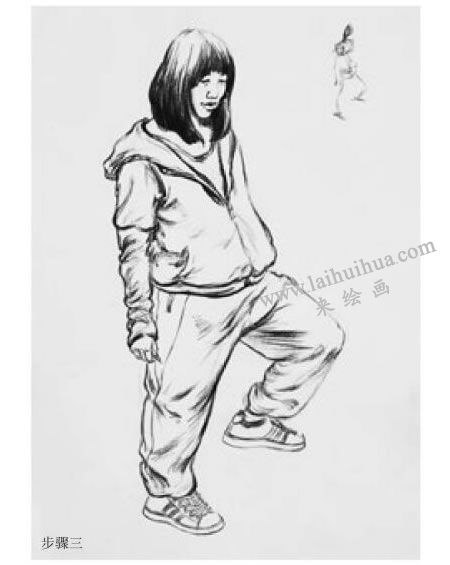 女青年站姿炭筆速寫畫法步驟圖示03